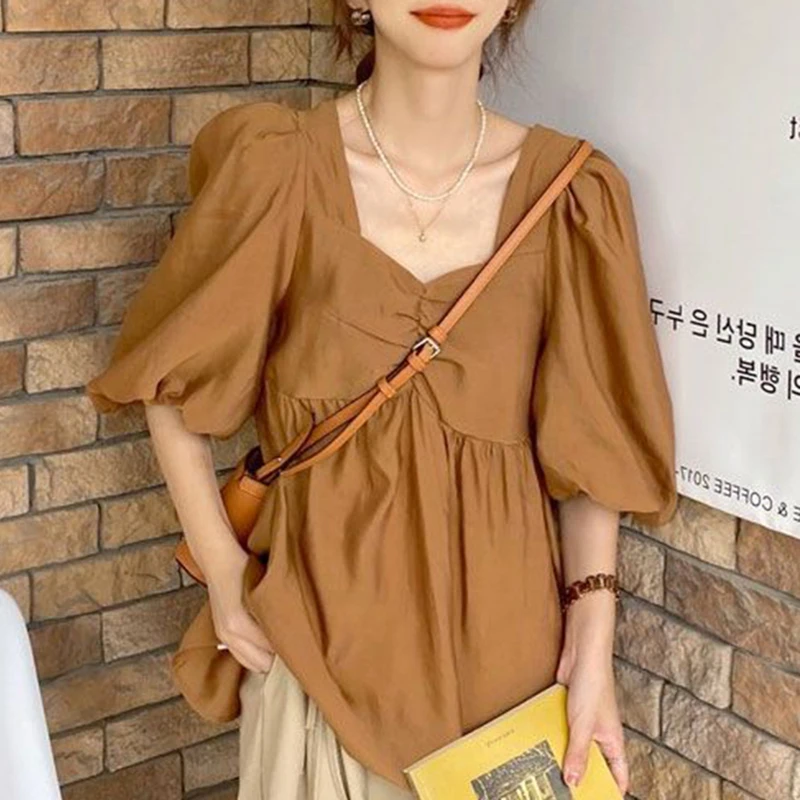 

Stylish Solid Color Spliced Folds Lantern Sleeve Blouse Female Clothing 2024 Summer New Casual Pullovers Loose Office Lady Shirt