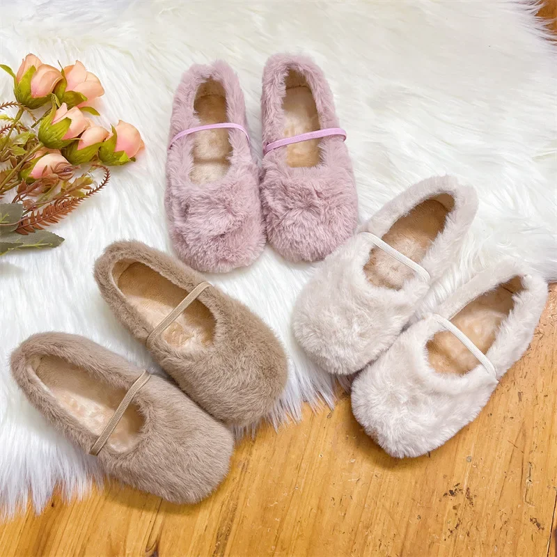 

Baby Girls Fluffy Flats Shoes Kids Outdoor Warm Shoes Patchwork Color 2023 Korea Style Single Shoes Soft Sole Shallow Fur Flats