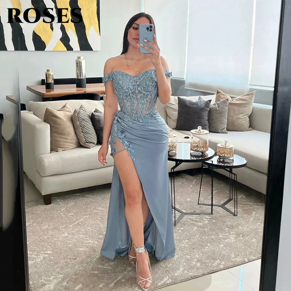 

ROSES Blue Evening Dress Sweetheart Trumpet Satin Party Dress Lace Appliques Off The Shoulder 프롬드레스 Side High Split Prom Dress