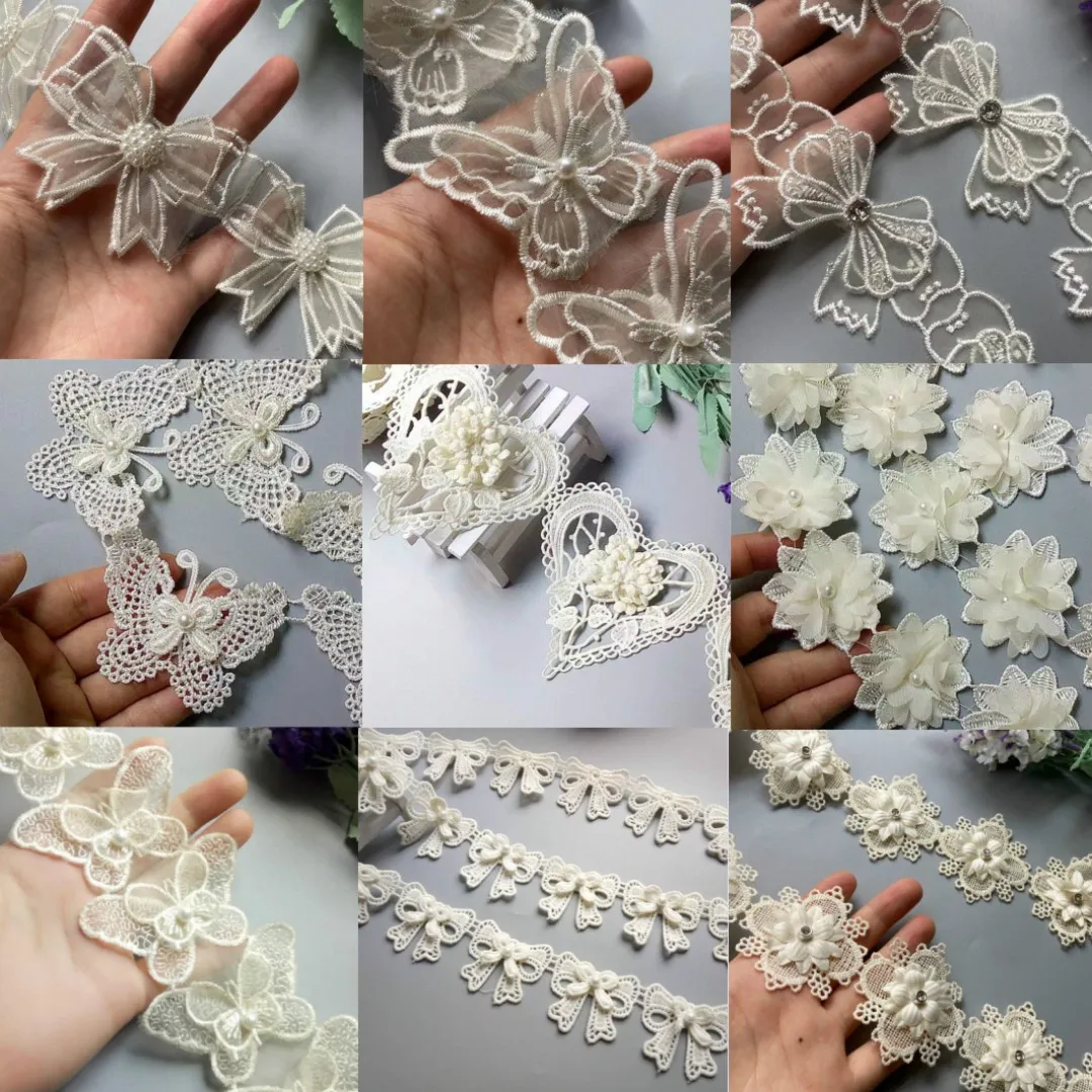 

10X Ivory Lace Trim Ribbon Mesh Heart Bowknot Rhinestones Embroidered Patches Applique Fabric DIY Wedding Dress Sewing Supplies