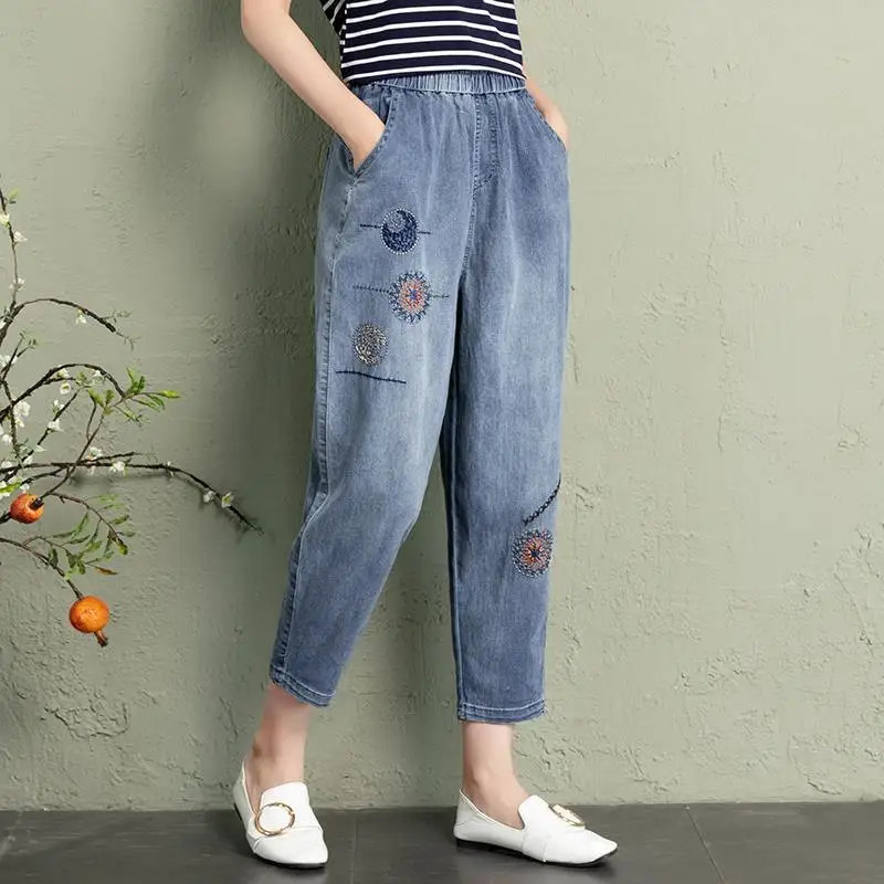 

Women Summer Vintage Casual Embroidered Solid Color Loose High Waist Jeans Women Clothes Simplicity Trend Pocket Cropped Pants