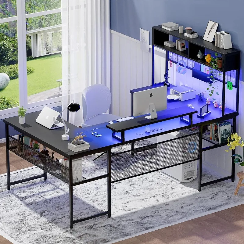 U Shaped Desk with Hutch, Reversible L Shaped Computer Desk with Power Outlets and LED Strip, Large Office Table with Monitor
U Shaped Desk with Hutch, Reversible L Shaped Computer Desk with Power Outlets and LED Strip, Large Office Table with Monitor