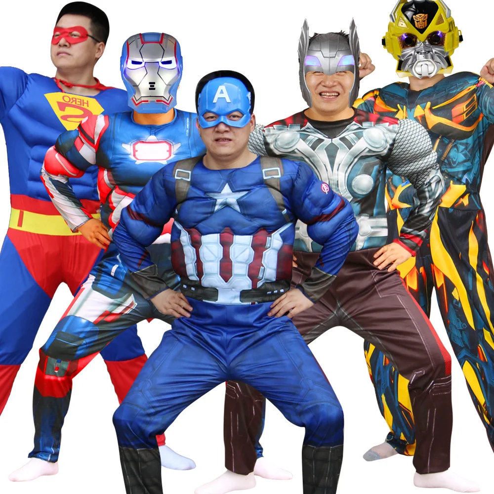 

Adult Anime Hero Cosplay Muscle Costume With Lightting Mask Superhero Captain America Iron Man Hulk Party Dress Up