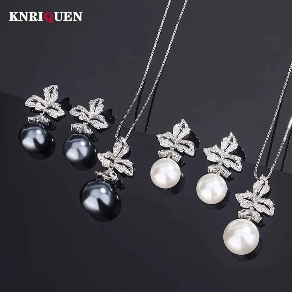 

Luxury 12-14mm White Black Big Pearl Lab Diamond Pendant Necklace Drop Earrings for Women Anniversary Wedding Party Jewelry Sets