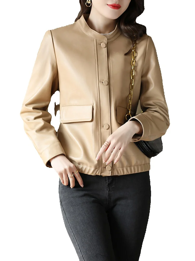 

Genuine Leather Jacket For Women's Short Spring Style, New Sheep Leather Waist Closure, Slim Standing Collar Casual Jacket For W