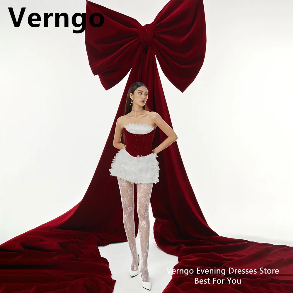 

Verngo Red And White Mini Party Dress Strapless Sequined Short Prom Gowns For Women Tiered Birthday Dress Princess Formal Gown
