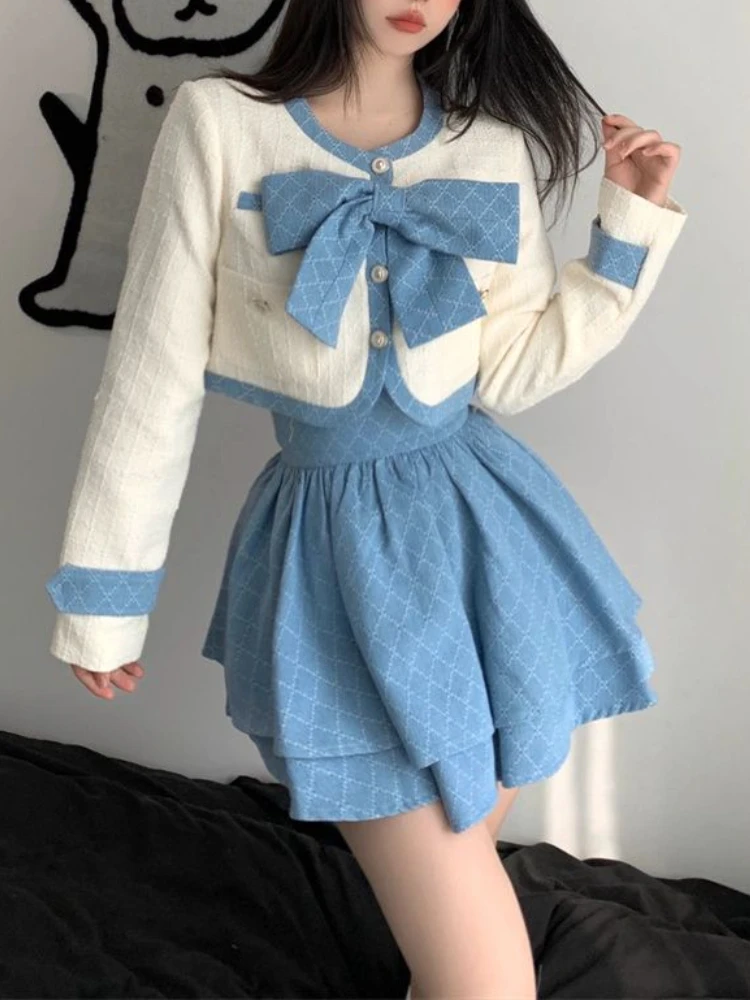 Winter Blue Elegant Two Piece Set Women Bow Patchwork Kawaii Party Mini Skirt Suit Female Korean Fashion Sweet Skirt Set 2023
Winter Blue Elegant Two Piece Set Women Bow Patchwork Kawaii Party Mini Skirt Suit Female Korean Fashion Sweet Skirt Set 2023