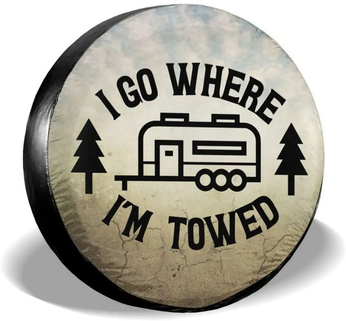

Dewoofly Happy Camper Spare Tire Cover I Go Where I'm Towed Dust-Proof Tire Protector for Trailer Accessories