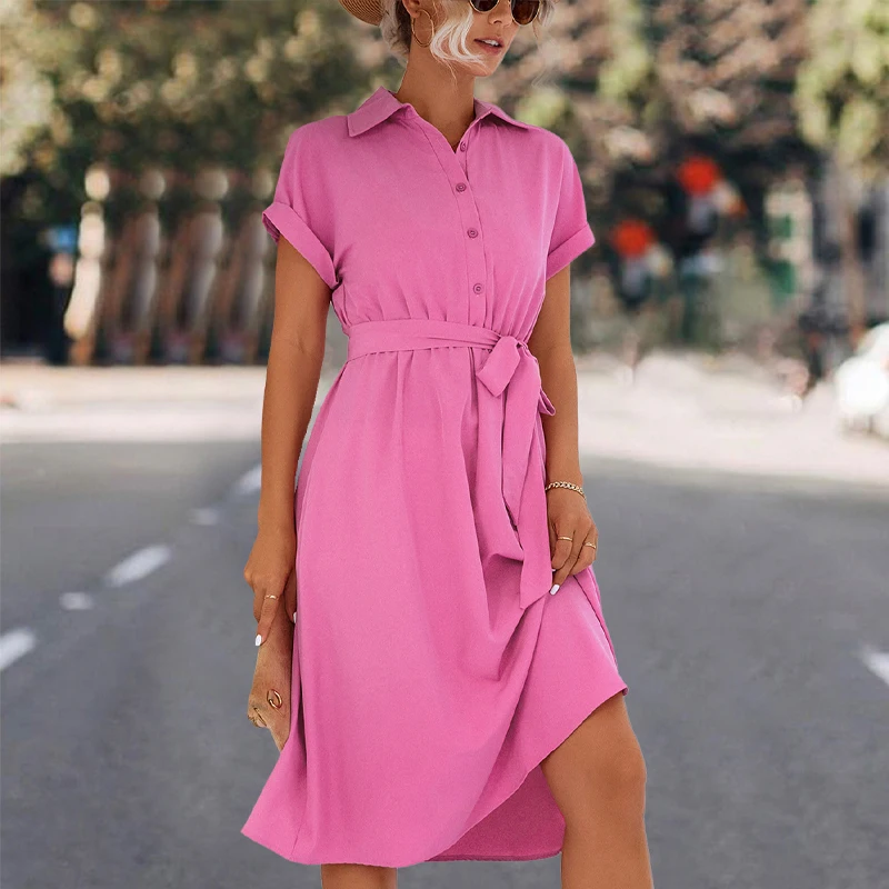 

Summer Dresses Woman 2022 Rose Red Short Sleeveless Turndown Collar Button Belt Midi Dress City Lady Casual Short Dress