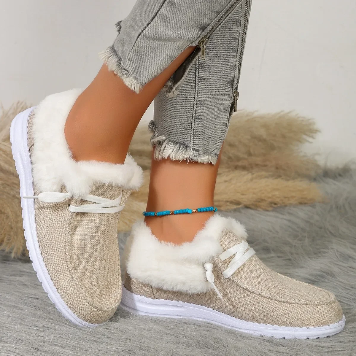 

2024 Women Plush Lined Snow Boots Sunflower Print Cozy Slip On Fuzzy Canvas Shoes Thermal Ankle Boots