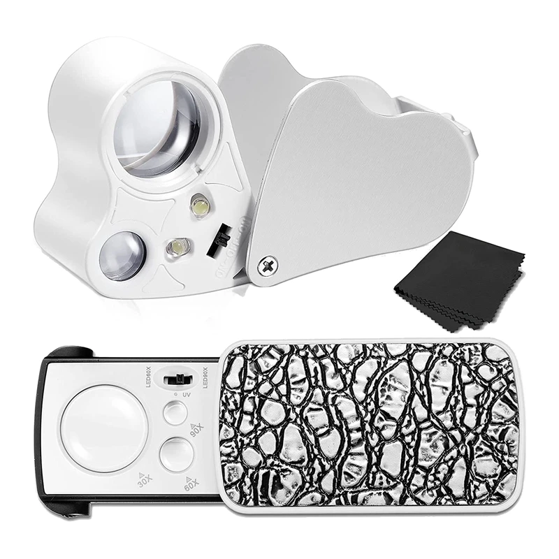 2 Pieces Jewelers Loupe 30X 60X 90X Jewelers Eye Loupe Magnifier Jewelry Magnifying Glass Loop Bright LED Light
2 Pieces Jewelers Loupe 30X 60X 90X Jewelers Eye Loupe Magnifier Jewelry Magnifying Glass Loop Bright LED Light