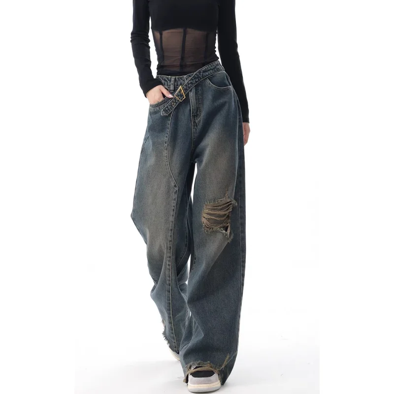 

Синие джинсы для женщин, Высококачественные Американские широкие брюки с высокой талией 2024 Y2K, винтажные модные прямые весенние мешковатые брюки