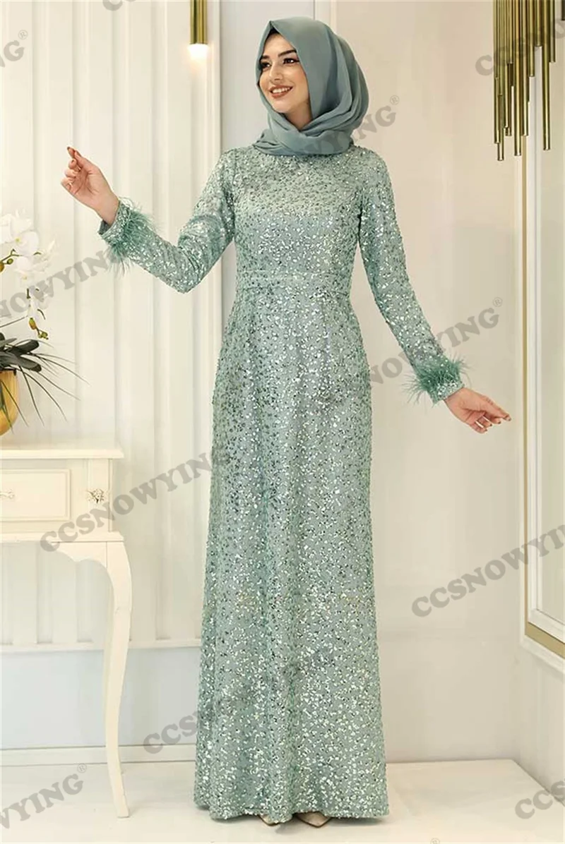 Sparkly Sequin Cuff Feather Muslim Evening Dresses Long Sleeve Islamic Formal Party Gowns High Neck Women Arabic Robes De Soirée
Sparkly Sequin Cuff Feather Muslim Evening Dresses Long Sleeve Islamic Formal Party Gowns High Neck Women Arabic Robes De Soirée