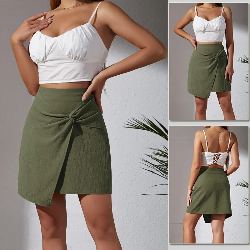

2024 New Style Versatile Summer Cotton and Hemp Women's Solid Color Slim Fit Fashion Elegant Commuting A-line Wrapped Hip Skirt
