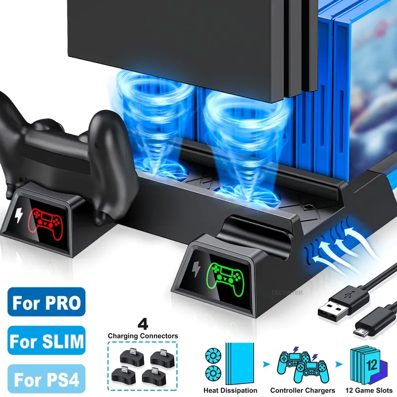 Подставка для охлаждения PS4/PS4 Slim/PS4 Pro, вертикальная подставка с зарядным устройством для двух контроллеров, аксессуары для охлаждения PS4
Подставка для охлаждения PS4/PS4 Slim/PS4 Pro, вертикальная подставка с зарядным устройством для двух контроллеров, аксессуары для охлаждения PS4