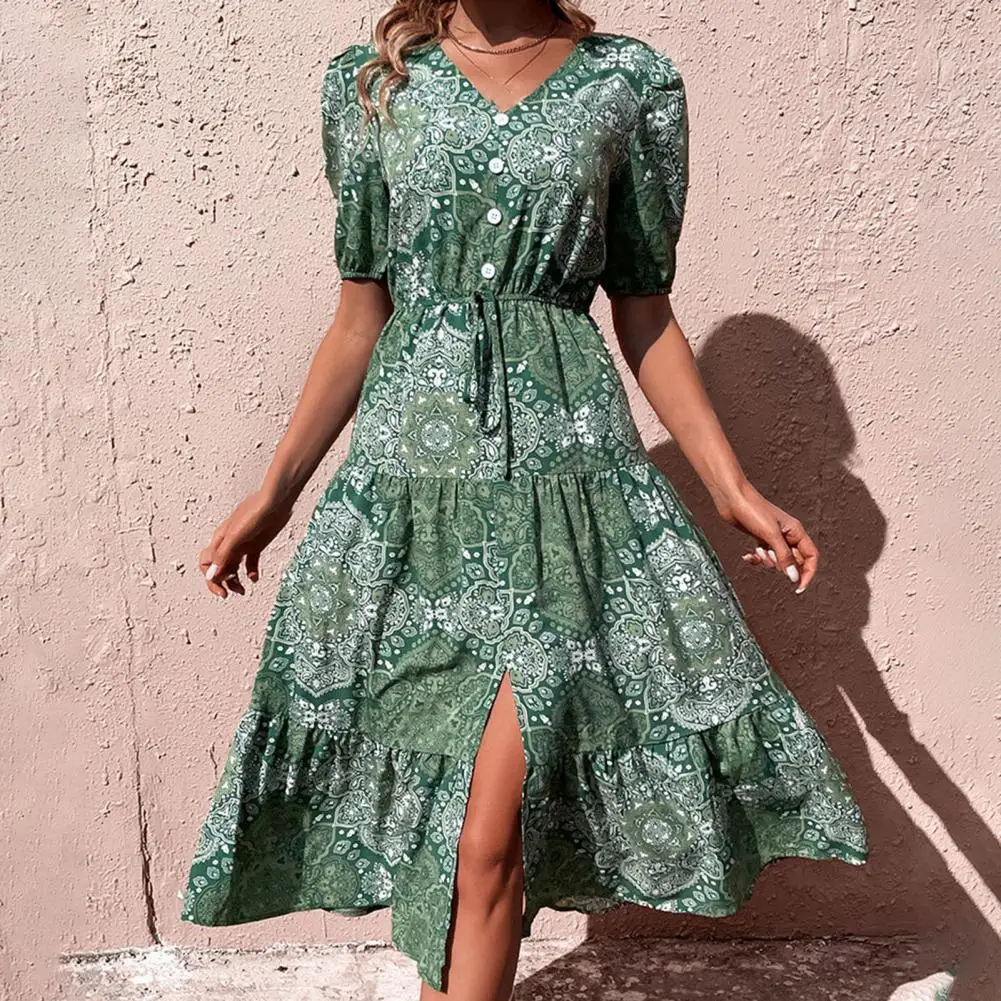 

Printed Dress Stylish Women's V-neck Summer Dress With Lace-up Detail High Waist Button Split Hem For Vacation Beach Or Wear