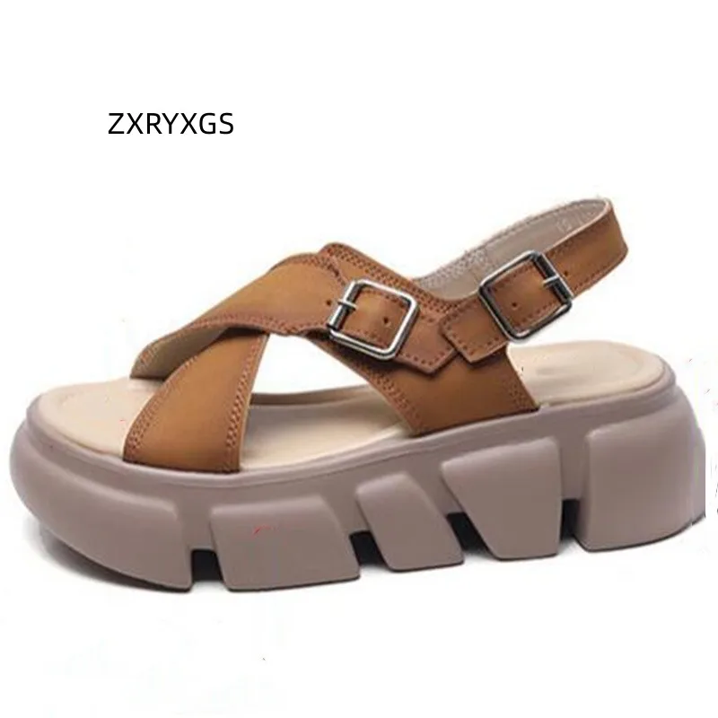 

ZXRYXGS 2023 Summer Open Toe Genuine Leather Shoes Roman Sandals Thick Soles Light Non-slip Increase Sandals Women Sandal Shoes