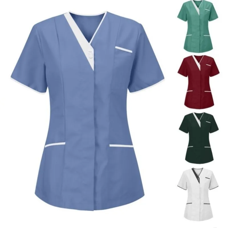 

Nurse Uniform Scrubs Tops Womens Short Sleeve Pocket Overalls Uniforms Medical Nursing Working Workwear Workers Scrubs Blouse