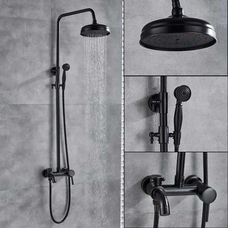 

Black Bathroom Shower Faucet Mixer Wall Mount 8" Rainfall Shower Set Mixer Tap Brass Tub Spout Bath Shower Mixers