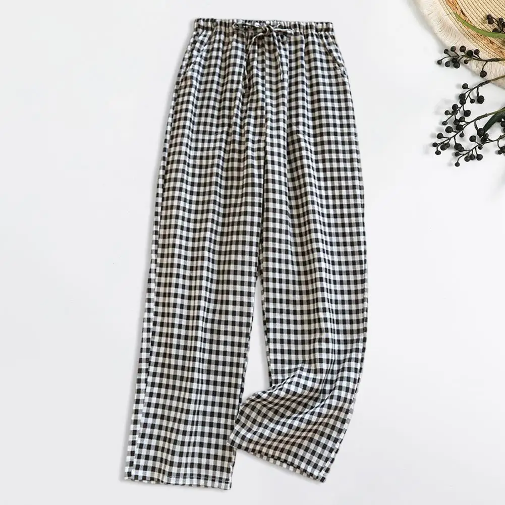

Sporty Women Trousers Plaid Print Drawstring Wide Leg Pants for Women Summer Lounge Trousers with Pockets High Waist Elastic