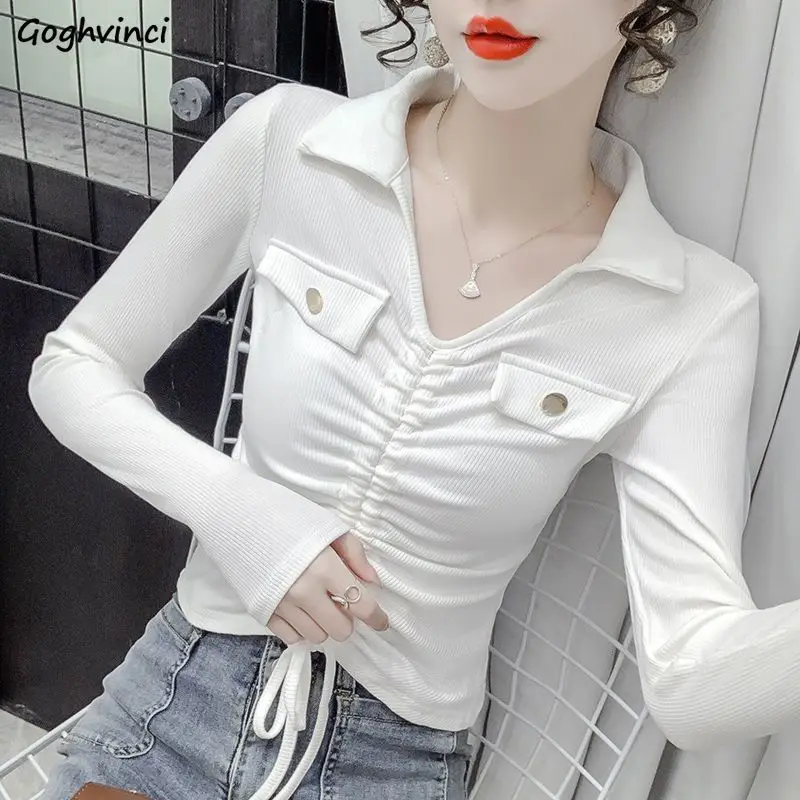 

Женская блузка с длинным рукавом, накладными карманами, однотонный дизайн, нишевые универсальные приталенные весенние шикарные корейские модные внутренние Топы в Instagram