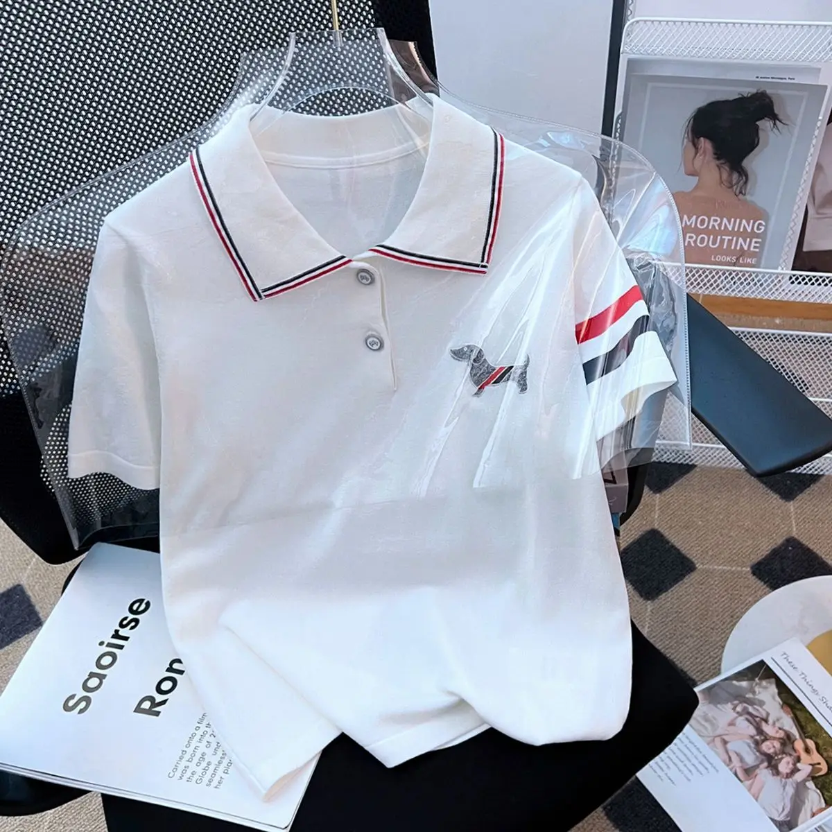 

2024 Spring/Summer New TB Academy Style Polo Collar Stripe Contrast Dog Embroidery Patch Ice Silk Short Sleeve Knitted Top
