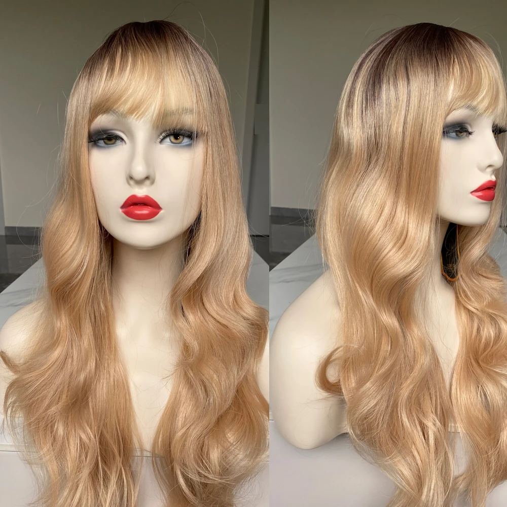 

Highlight Blonde Wig with Bang Layered Long Curly Hair Wigs Synthetic Natural Wig for Women Daily Used