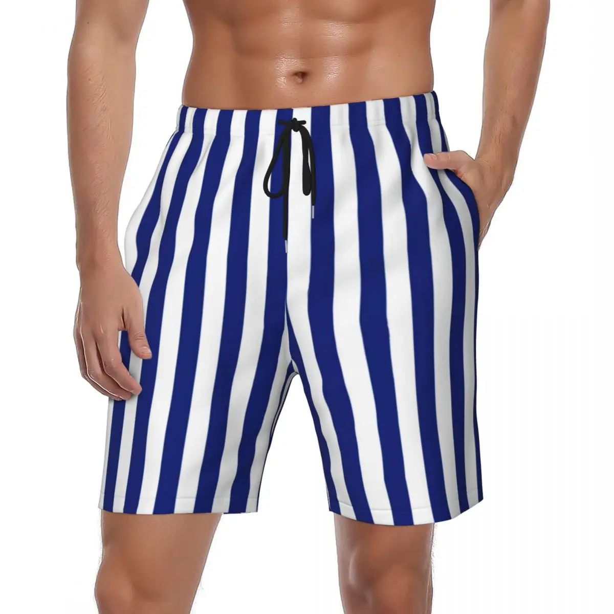 

Мужские пляжные шорты с морским дизайном, Гавайские плавки, вертикальные темно-синие полосы, быстросохнущие Короткие штаны оверсайз для серфинга