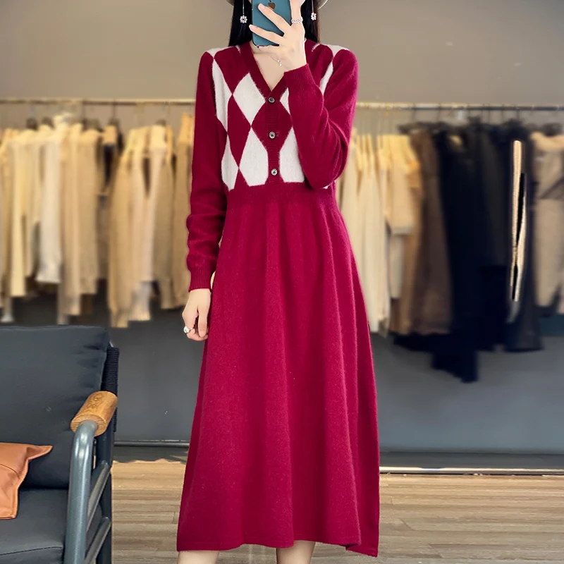Autumn Winter High Elasticity 100% Wool Thicken V neck Sweater Dress Warm Basic Knitwear Women Slim Dress Female Casual Dresses
Autumn Winter High Elasticity 100% Wool Thicken V neck Sweater Dress Warm Basic Knitwear Women Slim Dress Female Casual Dresses