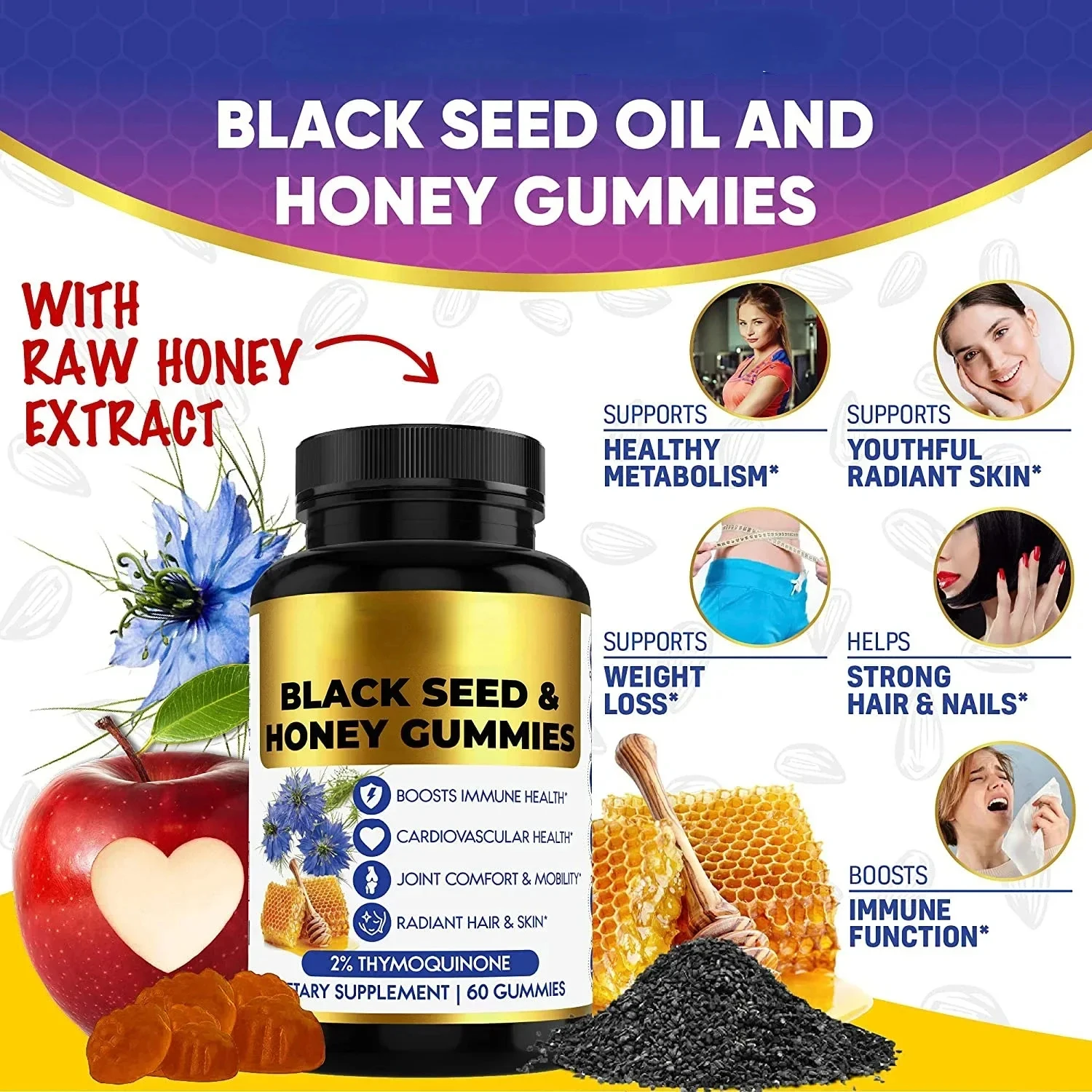 60 Gummies Black Seed Honey Gummies Joint Comfort Hair Skin,Support hair and skin health, promote immune health
60 Gummies Black Seed Honey Gummies Joint Comfort Hair Skin,Support hair and skin health, promote immune health