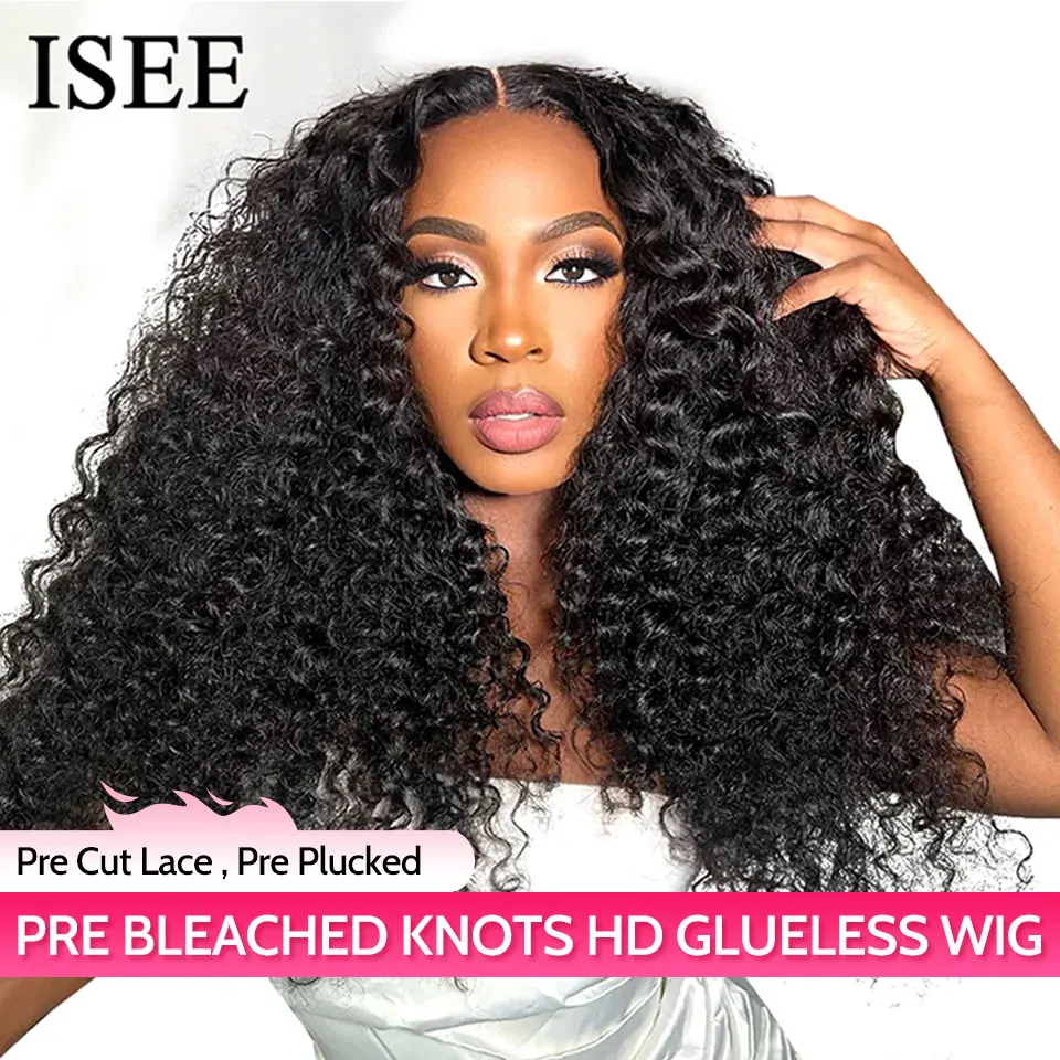 

Wear Go Wig ISEE HAIR PreBleached Knots Kinky Curly HD Lace Glueless Human Wigs Ready To Go Pre Cut Lace PrePlucked Hairline Wig