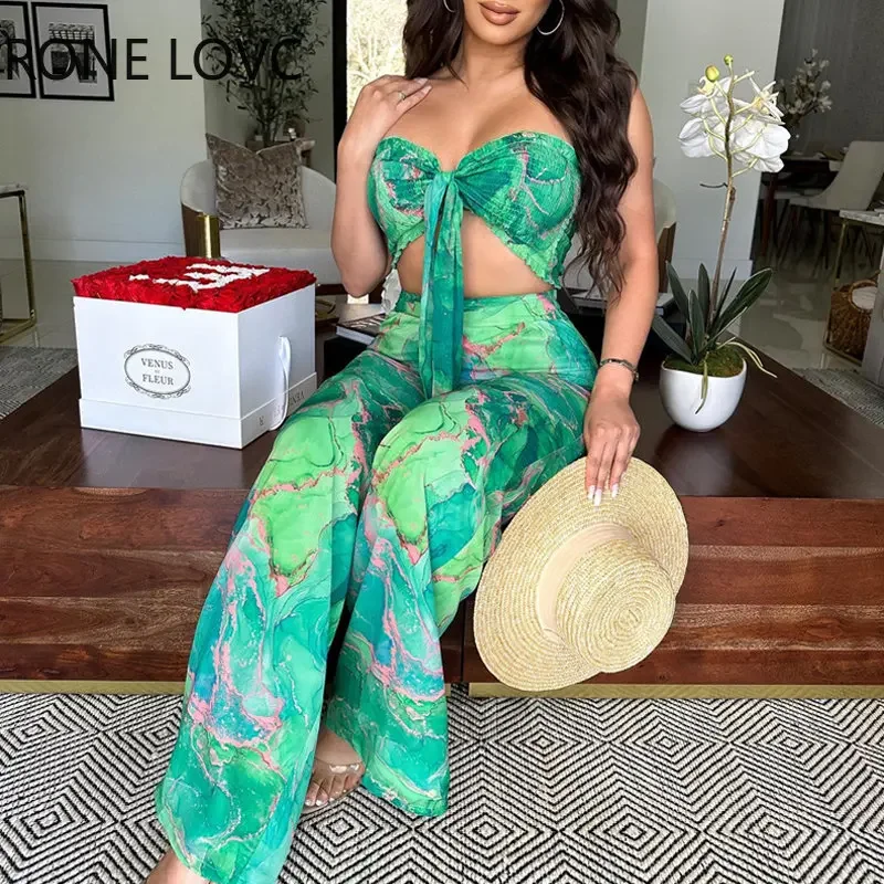 

2023 Women Elegant Strapless Crop Tops Folds Asymmetrical All Over Print Sexy Vacation Pants Sets