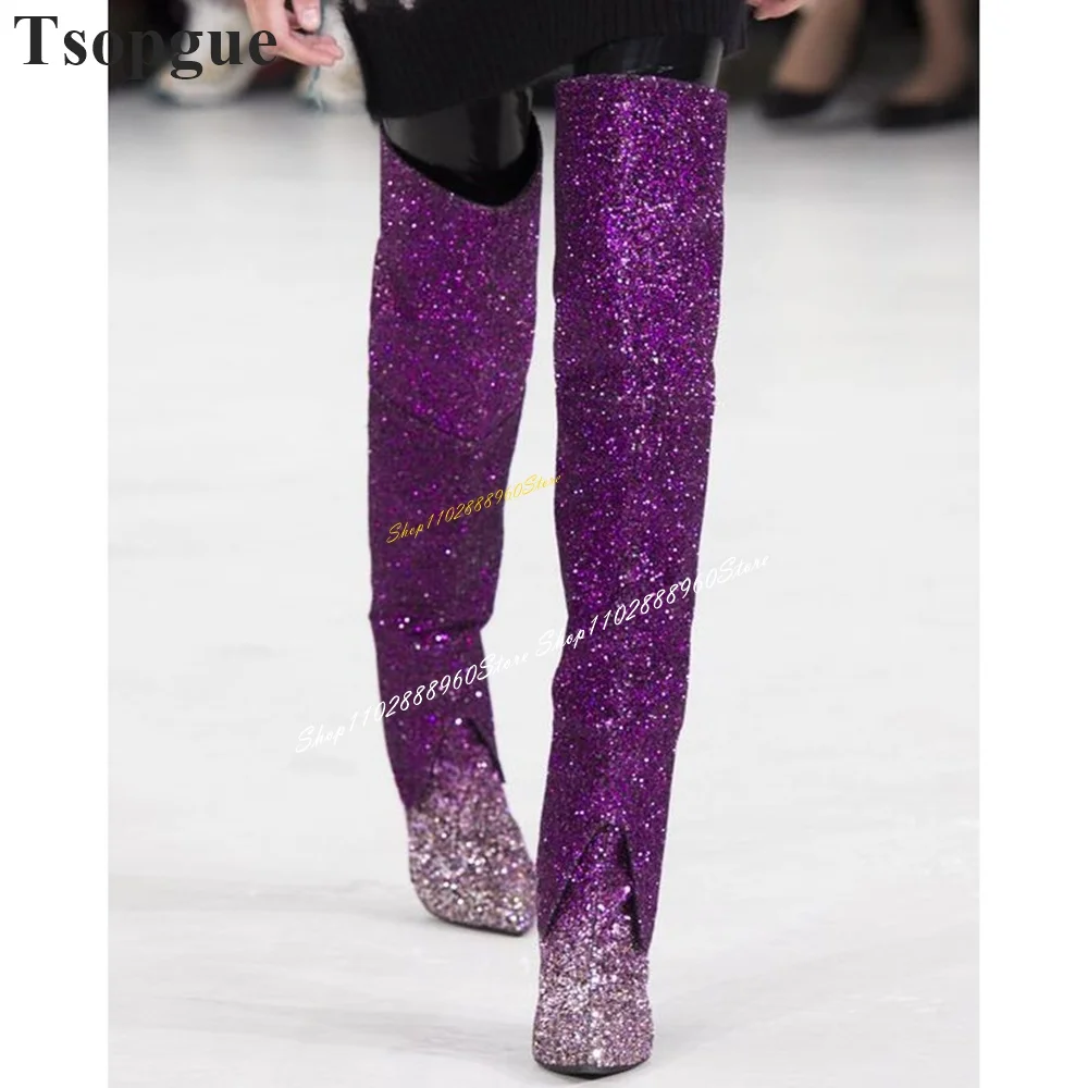 

Stylish Blingbling Purple Glitter Luxury Boots Chunky High Heel Women Shoes Slip On Pointed Toe 2024 Fashion Zapatos Para Mujere