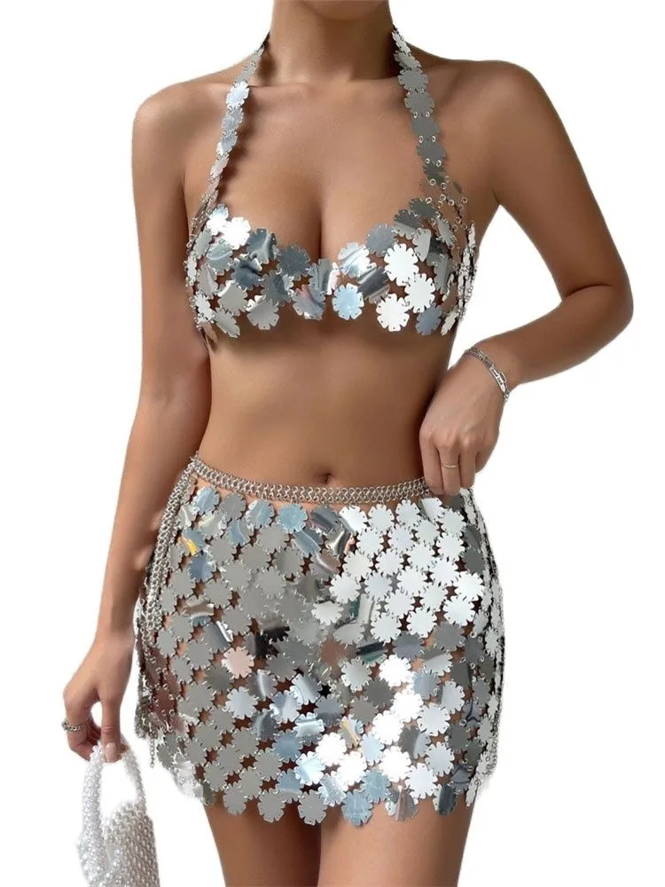 Slim Backless Sequins Women Two Piece Set Outfits Backless Hollow Out Halter Bra Crop Tops Split See Through Sequin Skirt Sets
Slim Backless Sequins Women Two Piece Set Outfits Backless Hollow Out Halter Bra Crop Tops Split See Through Sequin Skirt Sets
