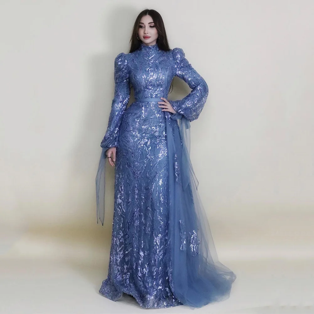 

A-line Charming Long Sleeve Temperament High Lace Pleat Evening Dresses Middle Eastern Dress Prom Gown فساتين مناسبة رسمية