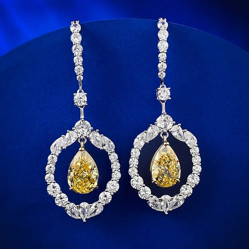 

New 925 Silver Ear Hook Women's Luxury Inlaid 8 * 12mm Pear shaped Water Drop Yellow Diamond High Carbon Diamond Earrings