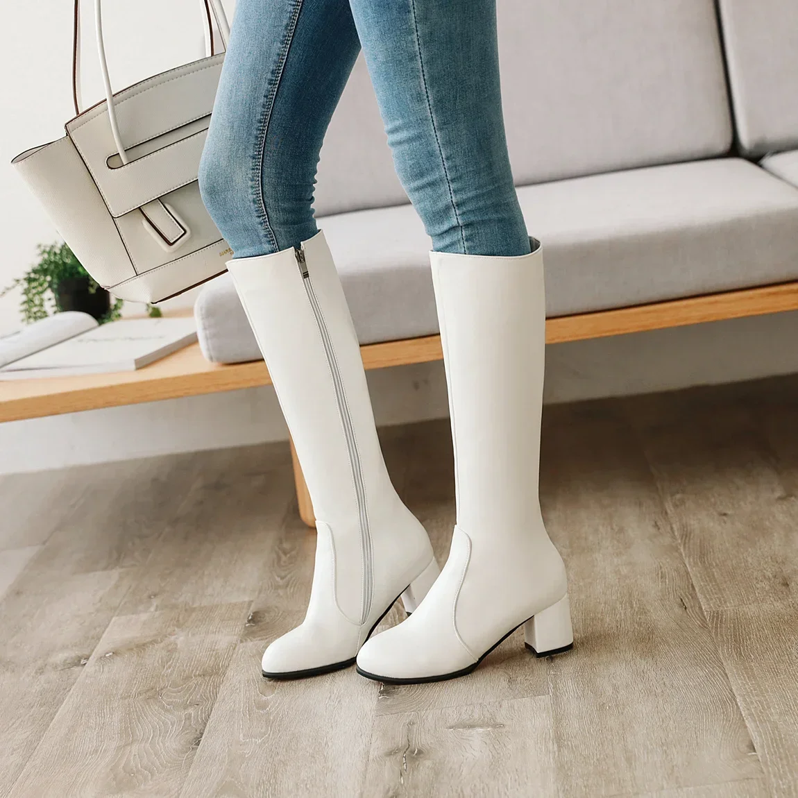 

2024 Autumn Winter High Heel Boots White Black Womens Shoes Long Knight Ride Knee High Boots Female Shoe Plus Size 45 46 47 48