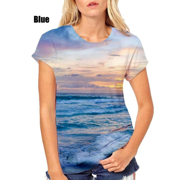 

New Women 3D Sea Sunset Print T Shirt Female Ocean Scenery Short Sleeve Round Neck T-shirt