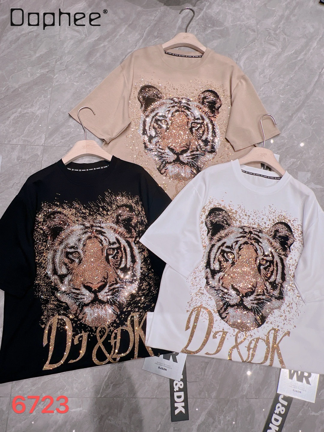 

Heavy Embroidery Hot Drilling Round Neck Short Sleeve T-shirt Women 2024 Summer New Loose Mid-Length Cartoon Tiger Head Top