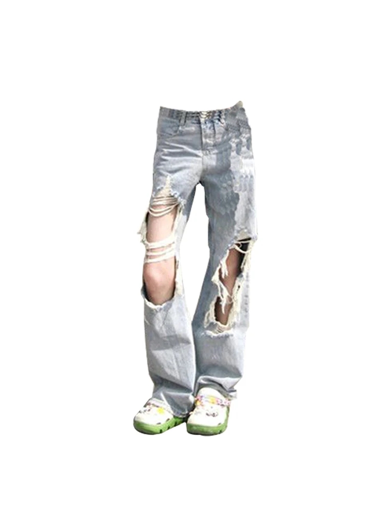 

Женские Синие рваные джинсы, уличная одежда в стиле Харадзюку, мешковатые винтажные повседневные Прямые джинсовые брюки Y2k с широкими штанинами, длинные брюки в стиле ретро на лето