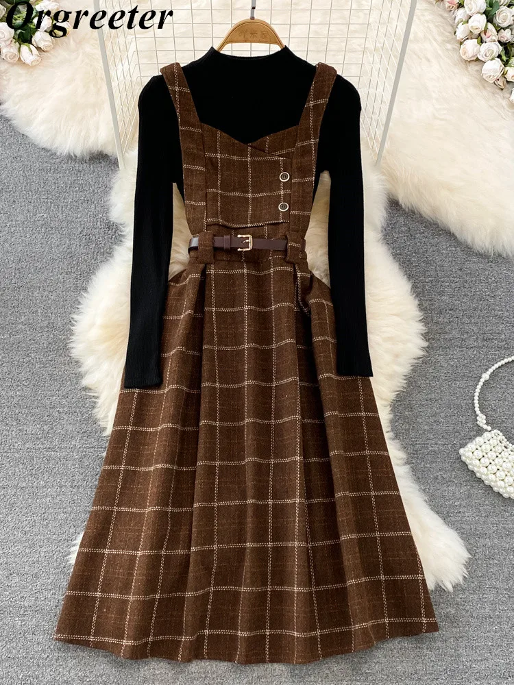 High Quality Fall Winter Women Sweater Overalls Casual Knitted Tops +Plaid Woolen Dress 2 Piece Sets Outfits Female
High Quality Fall Winter Women Sweater Overalls Casual Knitted Tops +Plaid Woolen Dress 2 Piece Sets Outfits Female