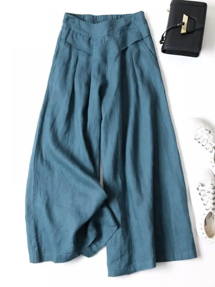 

Bohohipei 2024 New Spring Summer Ramie Cotton Wide-Leg Pants Women Casual Simple Loose Solid Color Elastic Waist Trousers