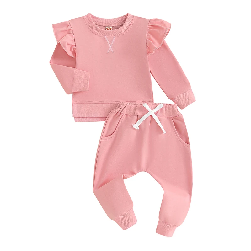 

Одежда для новорожденных девочек, однотонный комплект из свитшота с длинным рукавом и оборками, милые весенние и осенние наряды