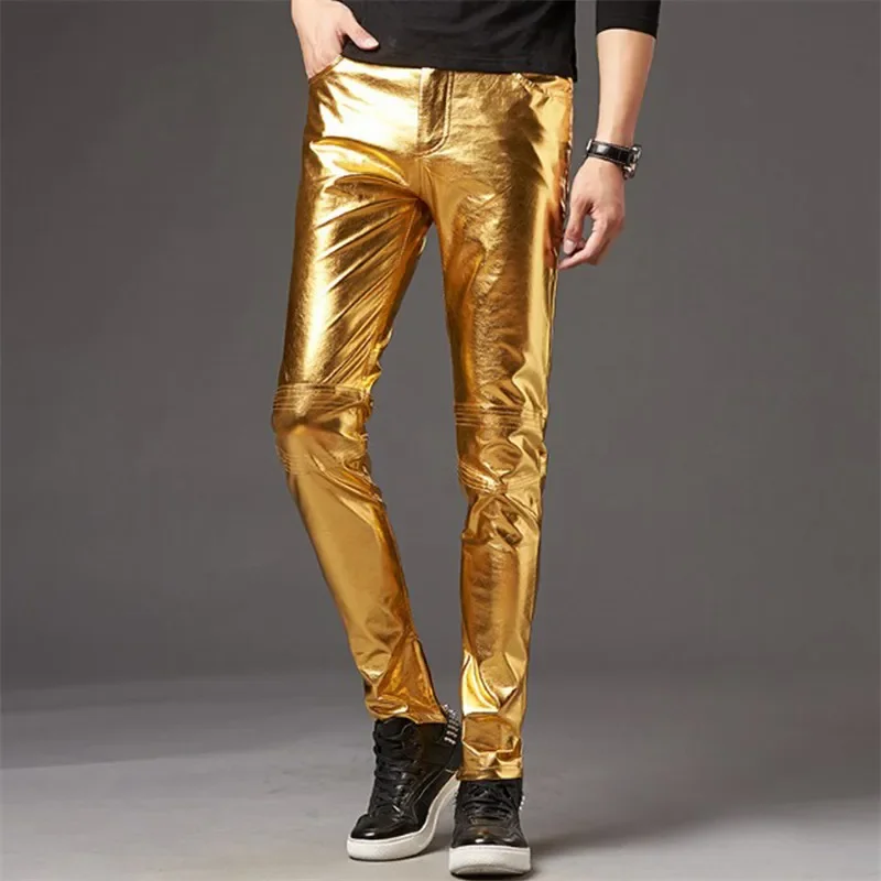

Mens Skinny Shiny Gold Silver Black Pu Leather Pants Motorcycle Men Nightclub Stage Pants for Singers Dancers Casual Trousers