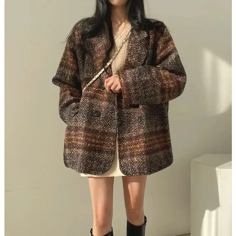 

UNXX Autumn/winter Vintage Casual Short Plaid Woolen Blazer Coat Commuting British Style Short Suit Collar Woolen Coats Women