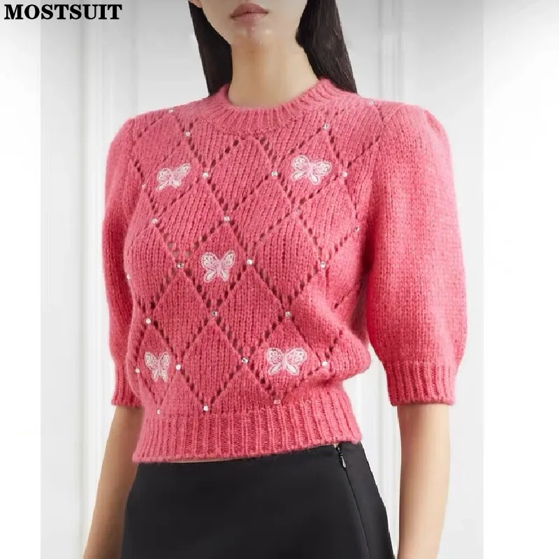 

Pink Diamonds Argyle Knit Sweater Women Vintage Elegant Chic Ladies Tops Half Sleeve O-neck Butterfly Embroidered Jumper 2024