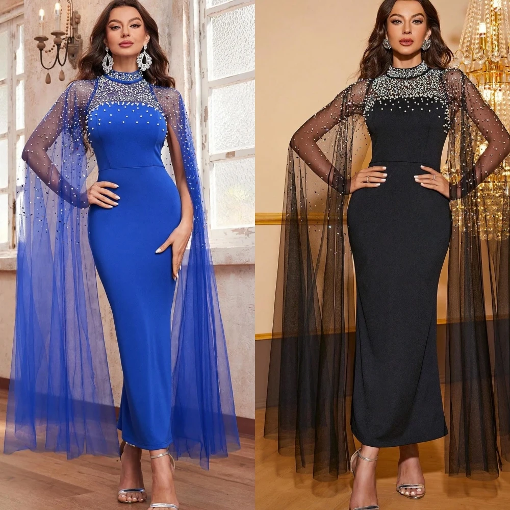 

Jersey Sequined Pleat Cocktail Party Sheath High Collar Bespoke Occasion Gown Midi Dresses