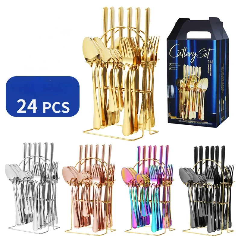 Stainless Steel Cutlery 24pcs Western Steak Knife Fork Spoon with Rack Tableware Flatware Set Festival Kitchen Dinnerware Gift
Stainless Steel Cutlery 24pcs Western Steak Knife Fork Spoon with Rack Tableware Flatware Set Festival Kitchen Dinnerware Gift