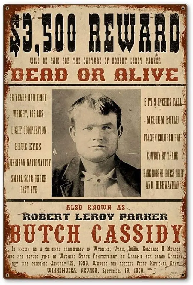 Retro Art Tin Sign Butch Cassidy Wild West Wanted Reward for Bar Farm House Coffee Poster Plaque BookstoreWall Decorative 8x12In
Retro Art Tin Sign Butch Cassidy Wild West Wanted Reward for Bar Farm House Coffee Poster Plaque BookstoreWall Decorative 8x12In