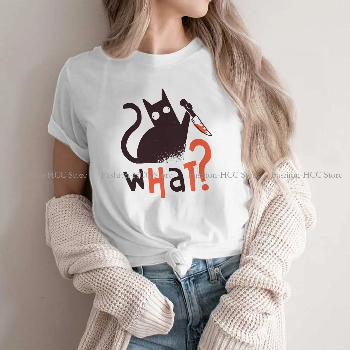 

Cat What Murderous Polyester TShirts Funny Black Cat Personalize Homme T Shirt Hipster Clothing